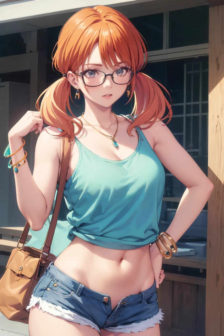 masterpiece, best quality, absurdres, TsukishimaRiho, twintails, short shorts, sleeveless shirt, navel, midriff, semi-rimmed eyewear, bohemian chic fashion, jewelry, earrings, necklace, bracelet, collarbone, <lora:TsukishimaRiho:1>
