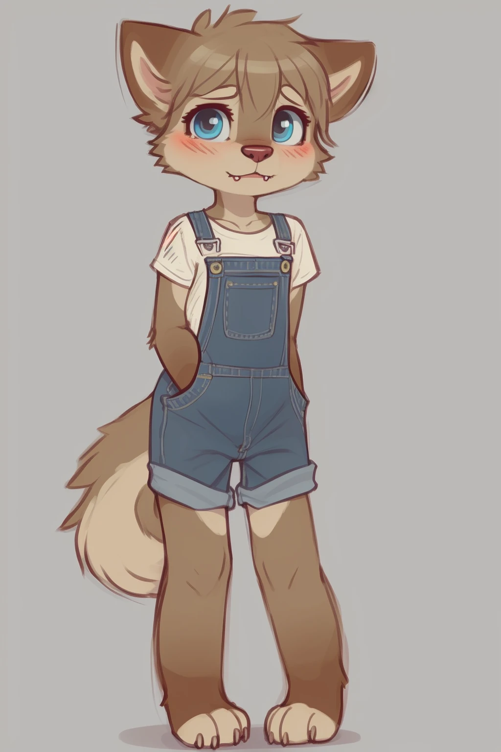 anthro, blue eyes, blush, clothed, clothing, female, female cub, cute_fangs, flat chested, fur, grey background, knock-kneed, looking at viewer, overalls, paws, shortalls, solo, standing, tan body, tan fur, young, young anthro, young female, front view, by oldski, husky <lora:Skidoo(oldski_newski)_coconut2:0.5>