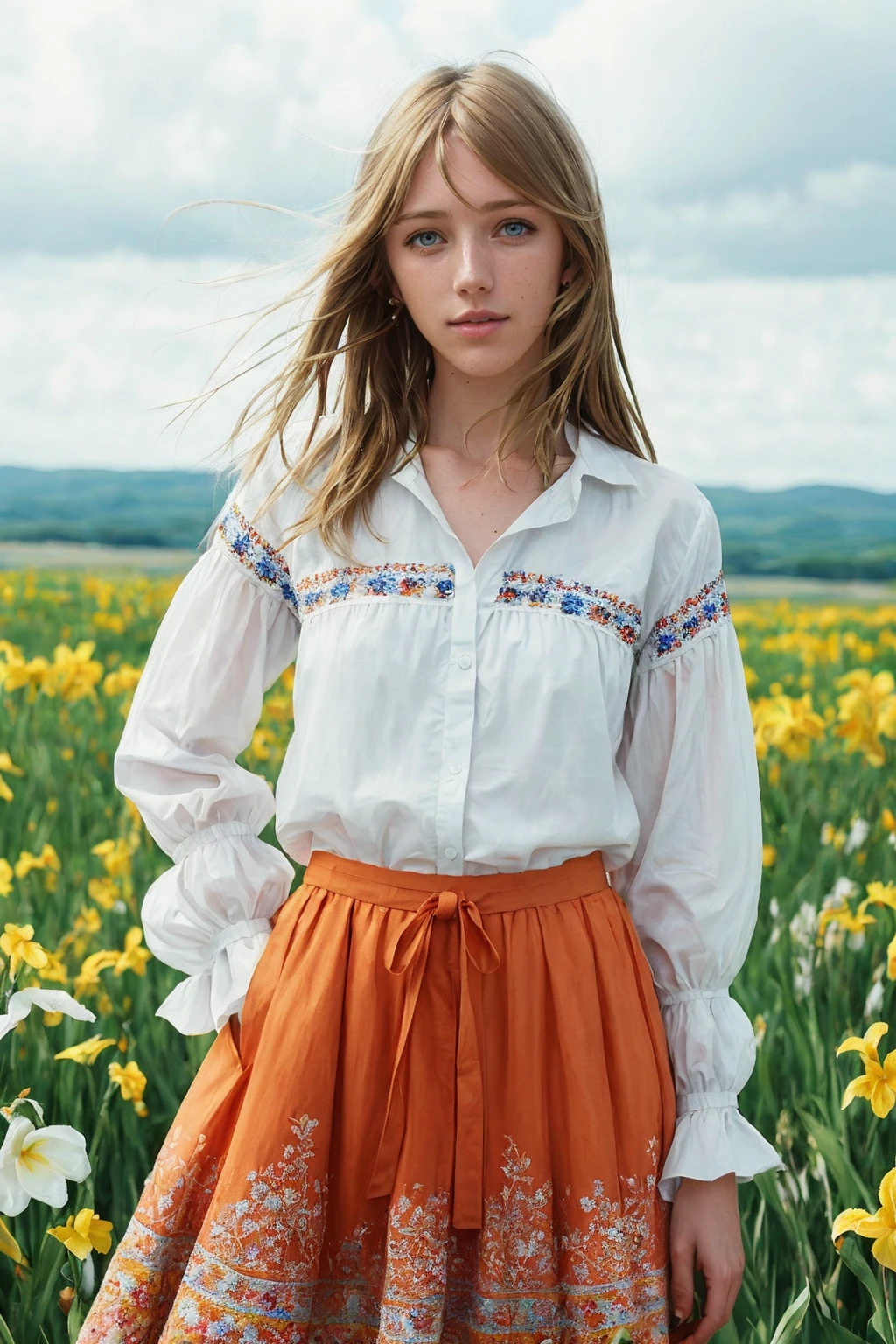 Photo of al3na_hemkova, smiling, dressed in a vibrant embroidered vyshyvanka and a flowy skirt, taking part in a lively village celebration,
perfect pupils, perfect iris, (vivid colors, wide angle, cinematic establishing shot, volumetric lighting, subsurface scattering, special effects, color grading, layered depth, parallax effect, soft focus foreground), (in style of Tim Walker:1.2)