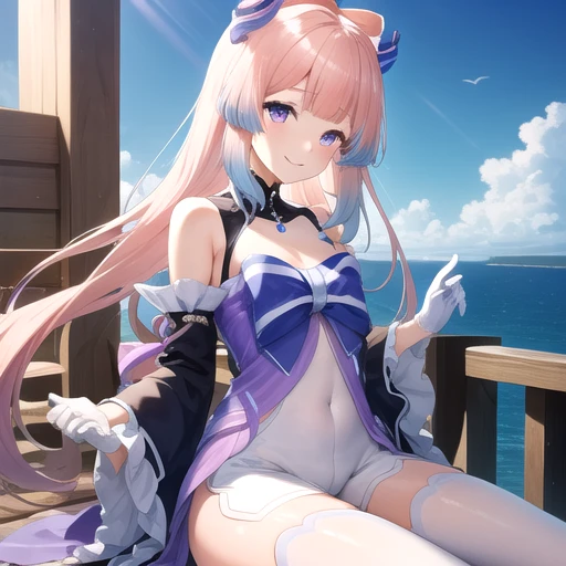 ((masterpiece)),(best quality),official art,extremely detailed CG,unity 8k wallpaper,ultra detailed,A lighthouse on a cliff by the sea,1girl,solo,upper body,looking at viewer,bow-shaped_hair,japanese_clothes,bare_shoulders,pink_hair,very_long_hair,dress_bow,multicolored_hair,white_gloves,smile,bangs,frilled_sleeves,purple_eyes,frills,wide_sleeves,gradient_hair,white_thighhighs,blue_hair,shorts,half_gloves,clog_sandals,hair_ornament,blunt_bangs,<lora:Sangonomiya Kokomi(gen)>,