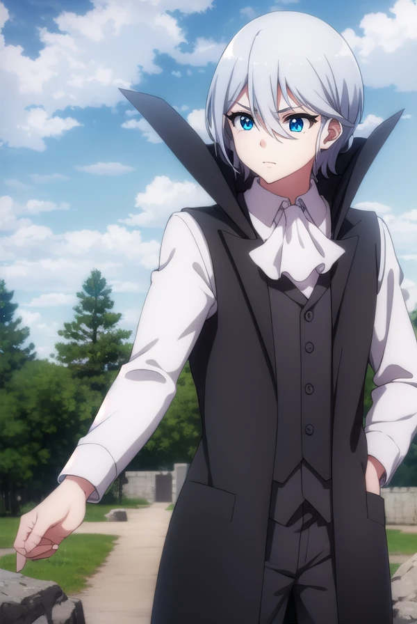 fruitofevolutiondestra, <lora:fruitofevolution destra s2-lora-nochekaiser:1>,
destra, short hair, blue eyes, hair between eyes, grey hair, male focus,
BREAK shirt, long sleeves, white shirt, grey hair, open clothes, vest, coat, ascot, black coat, white ascot,
BREAK outdoors, nature, forest, sun, sky, clouds,
BREAK looking at viewer,
BREAK <lyco:GoodHands-beta2:1>, (masterpiece:1.2), best quality, high resolution, unity 8k wallpaper, (illustration:0.8), (beautiful detailed eyes:1.6), extremely detailed face, perfect lighting, extremely detailed CG, (perfect hands, perfect anatomy),