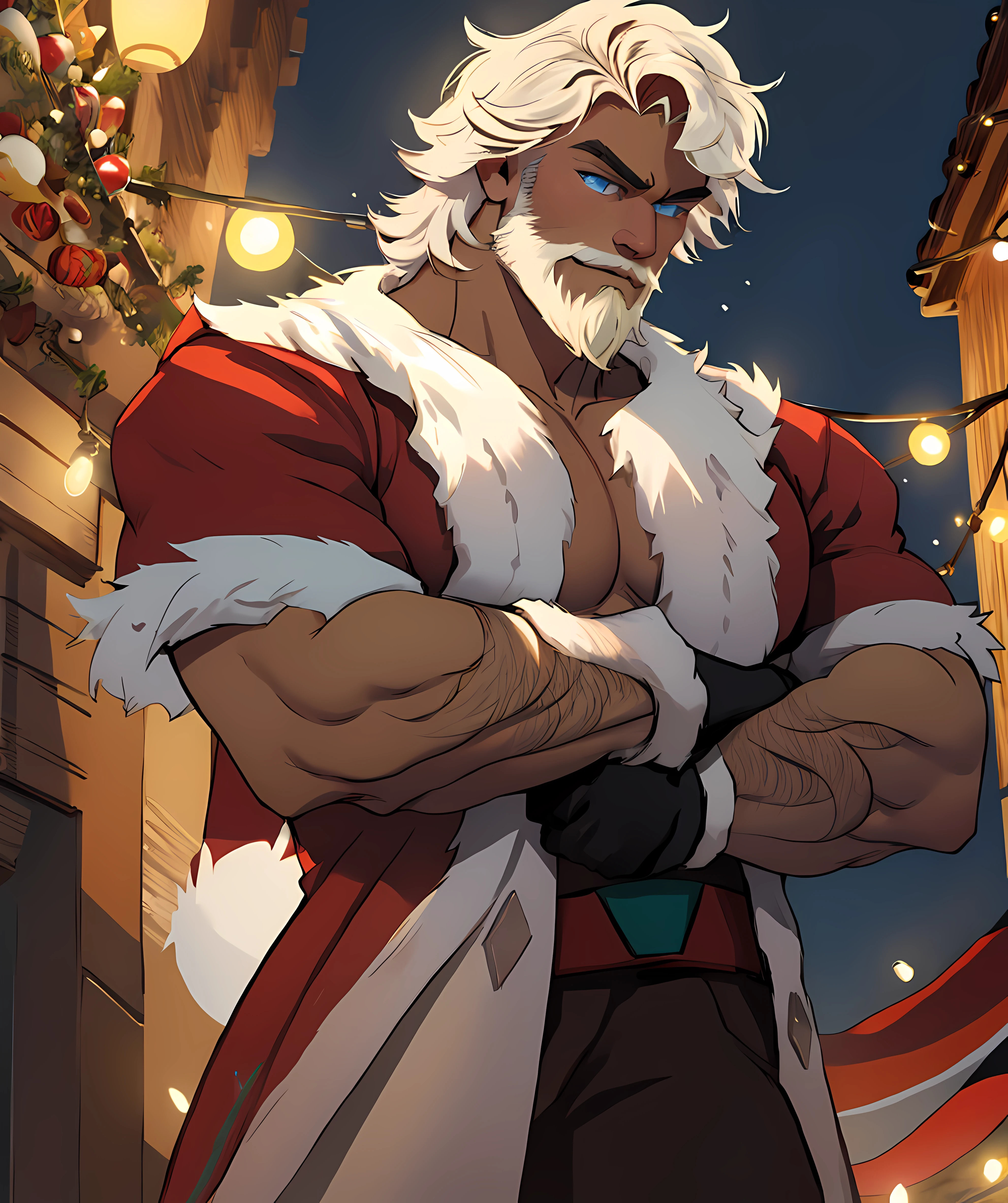 eggnog_cookie, muscular, muscular male, (santa costume, blue eyes), beard, (standing, crossed arms, looking down), town, night, lights,  <lora:Eggnog_Cookie:0.85>