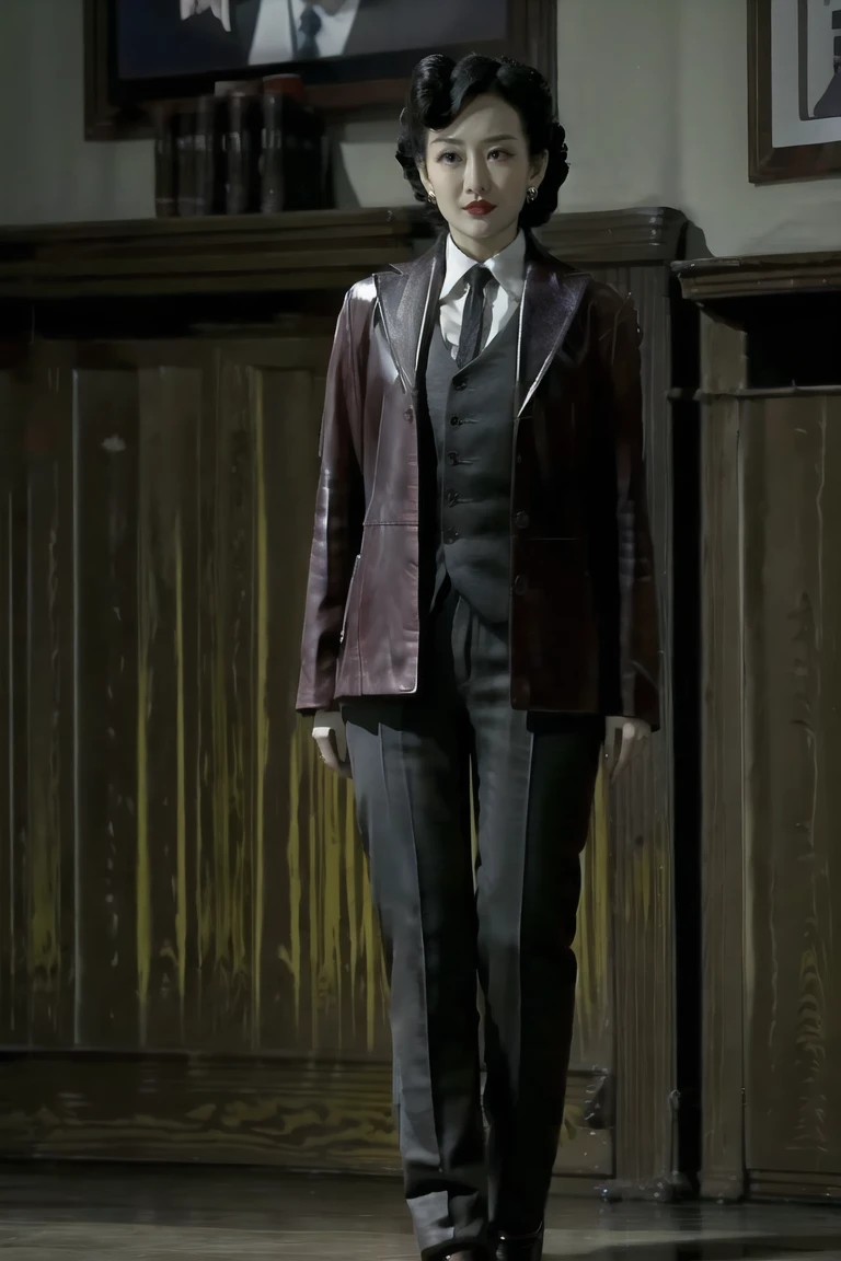 1girl, solo, earrings, jewelry, black hair, makeup, red lips, black eyes, short hair, looking at viewer, high heels, suit, black necktie,shirt, pants, juntong2, full body,
<lora:juntong2:1>