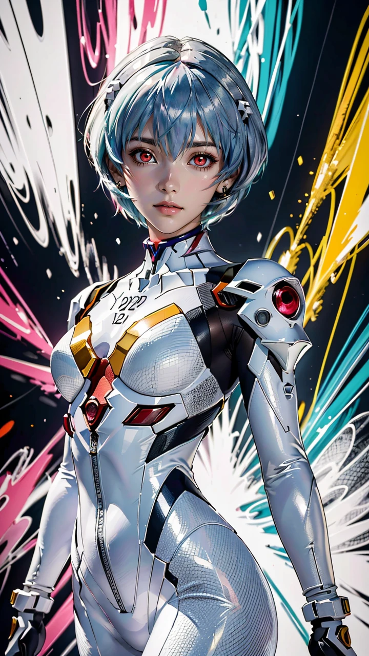 (best quality, masterpiece, colorful, dynamic angle, highest detailed)(\Rei Ayanami\), upper body photo, fashion photography of cute girl (\Rei Ayanami\), red eyes, dressing high detailed Evangelion white suit (high resolution textures), in dynamic pose, bokeh, (intricate details, hyperdetailed:1.15), detailed, moonlight passing through hair, (fantasy background, official art, extreme detailed, highest detailed), HDR+