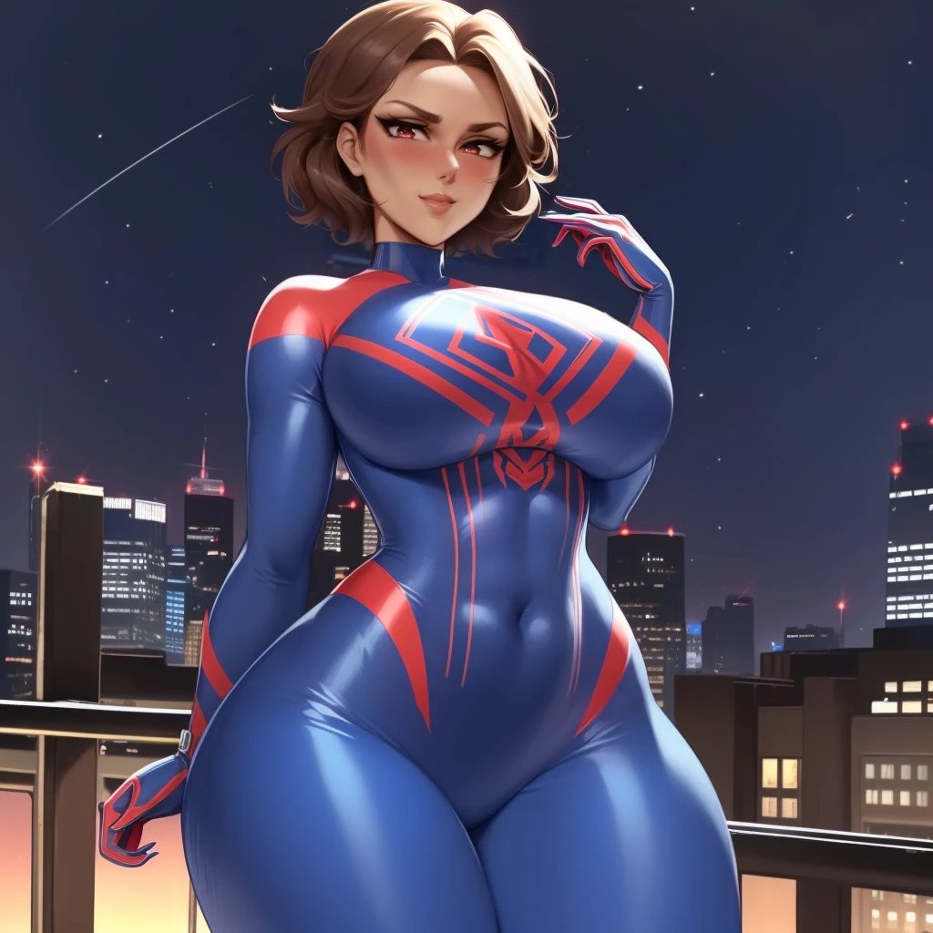 (masterpiece, best quality:1.3), MeekoHopanes, 1girl, solo, looking at viewer, blushing, wide hips, mature female, closed mouth, seductive smile, large breasts, full body, cowboy shot, thick thighs, <lora:MeekoHopanes Style Lora:.85>, sw2099, rooftop, building, night, sky, stars, bodysuit, red eyes, superhero, skin tight, blue bodysuit, brow hair, short hair <lora:SpiderWoman2099_V1-Manityro:.8>