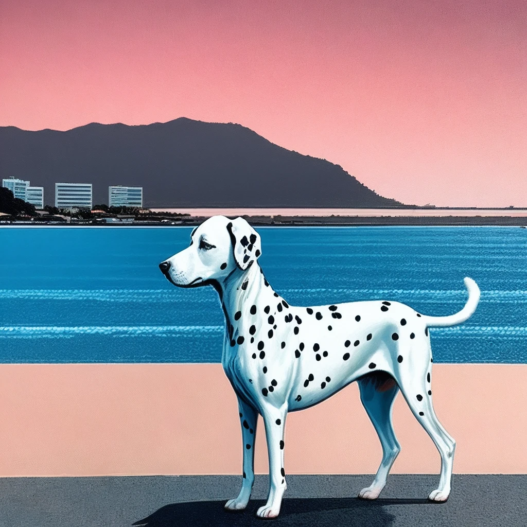 best quality,masterpiece,ultra high res,
HiroshiNagai,ocean,<lora:HiroshiNagai_b>,sunset,city skylin,a dalmatian standing on the beach,dog,simple background,
