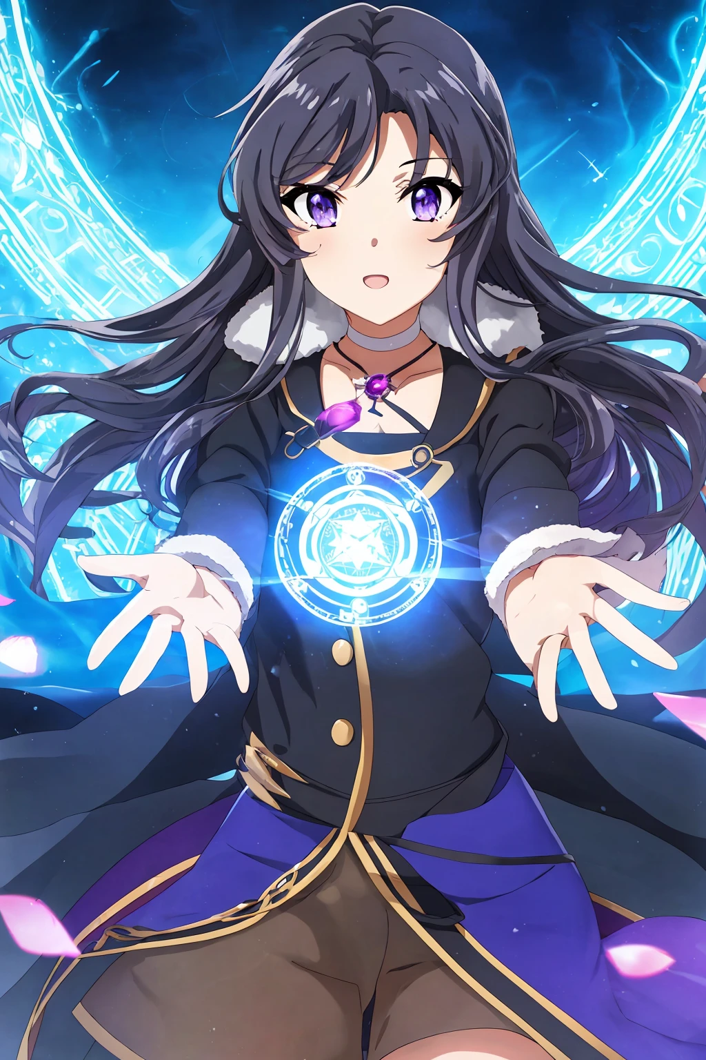 sysdeep_mai, 1girl, solo, long_hair, blue__purple_eyes black_hair, magical_girl, casting_magic, magic_circle