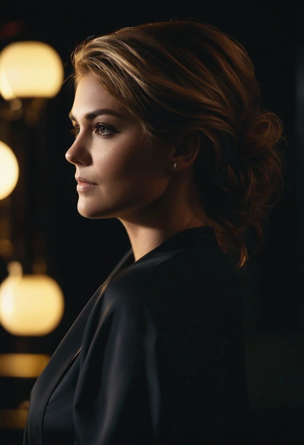 cinematic film still <lora:KateUpton_SDXL_v1.0:1> 
upper body studio photography, diffused rim lighting, warm tones, ohwx woman introspective profile, alluring silhouette against inky black, haloed glow, 1/500, f/2, ISO 1000, robe, by Peter Lindbergh . shallow depth of field, vignette, highly detailed, high budget, bokeh, cinemascope, moody, epic, gorgeous, film grain, grainy