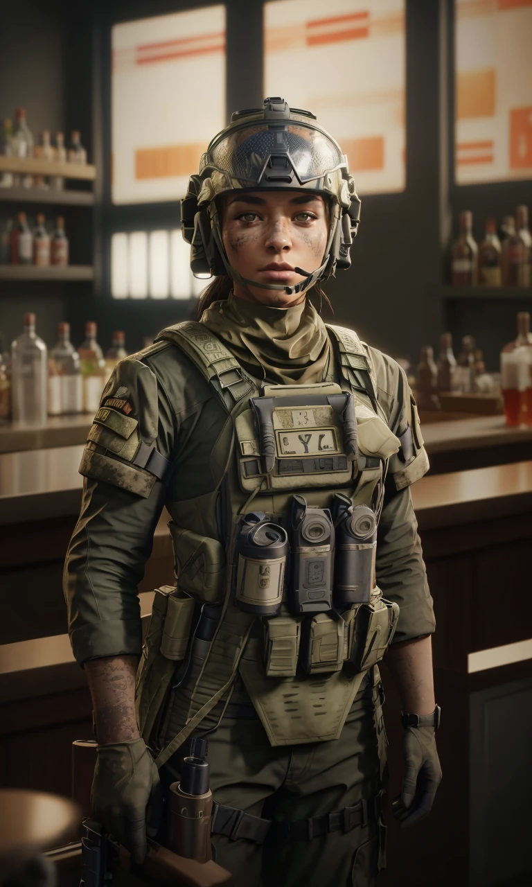 cblasco2042, 1girl, best quality, masterpiece, 5 fingers, depth of field, full body, 5 fingers, raw photo, photorealistic, standing in bar, soldier, helmet, dirt on face, closeup, focus on eyes, detailed eyes
