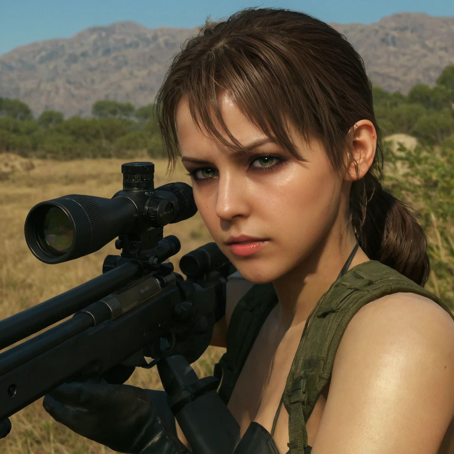 stunning very close shot of quiet_mgsv looking through a rifle scope, cinematic lighting, bokeh, highly detailed, cinematic film still, epic, gorgeous, <lora:quiet_prodigy_sdxl_3600-000051:0.75>