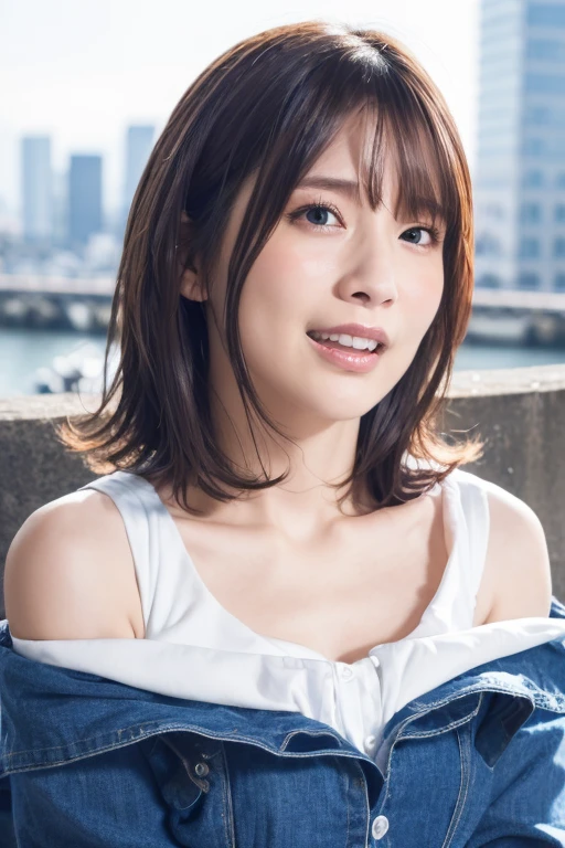 1girl, (cropped top, jacket:1.4),(sleeveless, off shoulder:1.4),(RAW photo, best quality), (realistic, photo-realistic:1.8), masterpiece, an extremely delicate and beautiful, extremely detailed, 2k wallpaper, Amazing, finely detail, extremely detailed CG unity 8k wallpaper, ultra-detailed, highres, soft light, beautiful detailed girl, extremely detailed eyes and face, beautiful detailed nose, beautiful detailed eyes,cinematic lighting,(in the city:2.4),perfect anatomy,(slender body:1.6),(close up face:1.8),(laugh,friendly, warm:2.0),(looking at viewer:2.0),(young japanese idol:1.8),(wavy short hair:1.8), (brown eyes:1.8),(dynamic pose:2.0), (cleavage:1.2), <lora:uchidamaaya_lora-14:0.8>