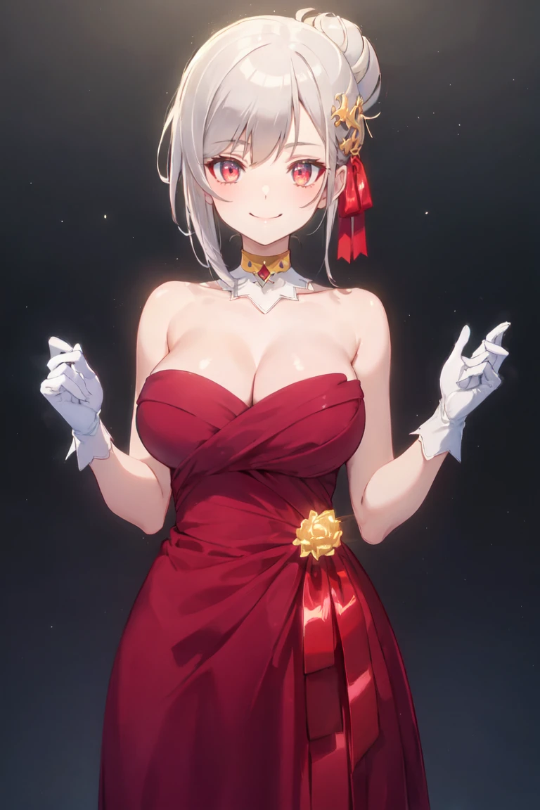 masterpiece, best quality, ultra-detailed, glistening shiny, glowing light, ray tracing, HDR, deph of field, (perfect face, detailed face), <lora:InglisEucus:0.8>, inglis, , large breasts, smile, single hair bun, golden hair ornament, red hair ribbon, choker, white gloves,  red dress, strapless, standing,