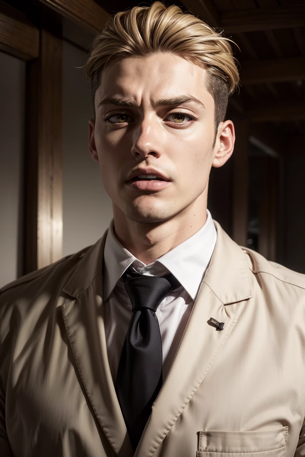 porco_galliard,  solo,  short hair,  blonde hair,  brown hair,  shirt,  1boy,  brown eyes,  closed mouth,  jacket,  white shirt,  male focus,  necktie,  collared shirt,  formal,  black necktie,  undercut,<lora:EMS-93-EMS:0.500000>,<lora:EMS-260234-EMS:0.700000>