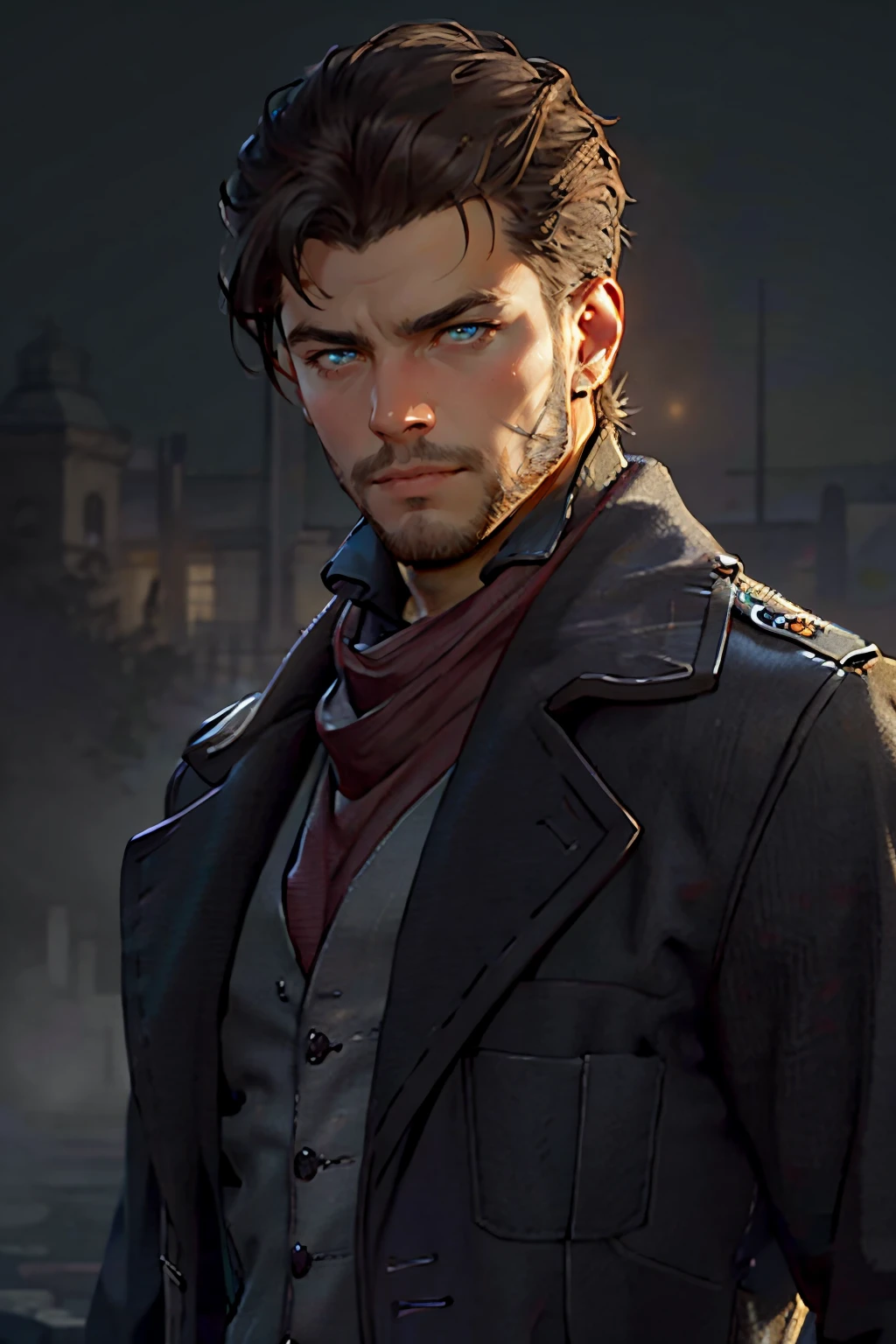 Geoffrey McCullum,  dark brown hair,  (crewcut),  blue eyes,  stubble,  handsome,  charming,  alluring,  rugged,  black trench coat,  black pants,  grey vest,  dark red cravat,  (standing),  (upper body in frame),  simple background,  1918 London,  fog,  dark atmosphere,  perfect light,  perfect anatomy,  perfect proportions,  perfect perspective,  8k,  HQ,  (best quality:1.5,  hyperrealistic:1.5,  photorealistic:1.4,  madly detailed CG unity 8k wallpaper:1.5,  masterpiece:1.3,  madly detailed photo:1.2),  (hyper-realistic lifelike texture:1.4,  realistic eyes:1.2),  picture-perfect face,  perfect eye pupil,  detailed eyes,  realistic,  HD,  UHD,  (front view:1.2),  portrait,  looking outside frame, perfecteyes,<lora:EMS-498-EMS:0.000000>,<lora:EMS-262908-EMS:0.600000>