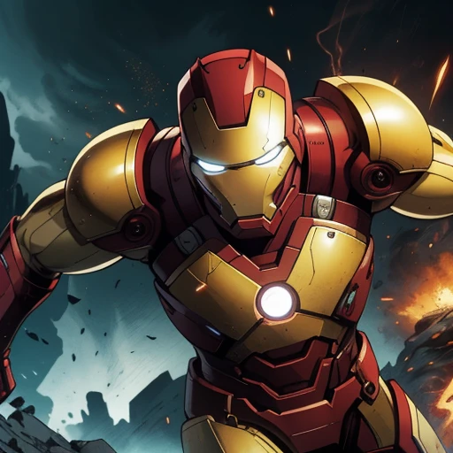 Graphic novel style illustration of upper body, ironman, helmet, epic, dynamic, dramatic, cinematic, sharp, extreme detailed, HD, HDR, 4K, high quality, high resolution, 2D, masterpiece, epic, cinematic, digital artwork