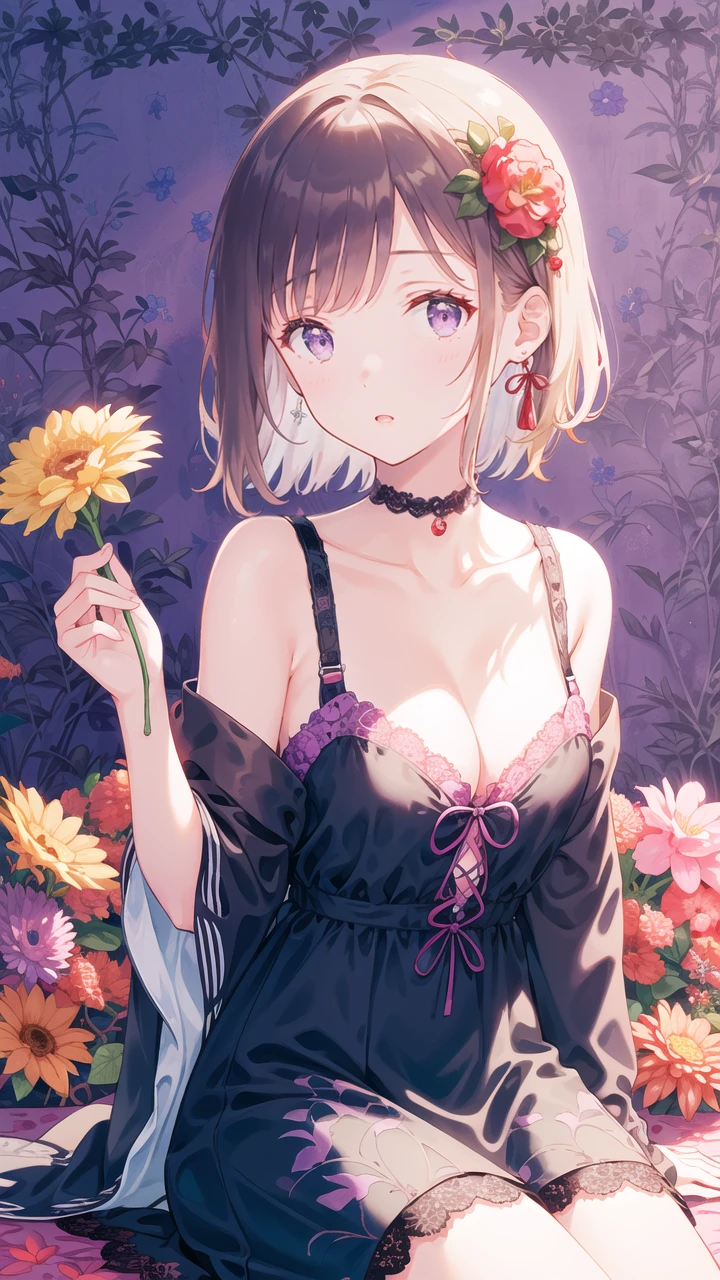 masterpiece, best quality, highres, detailed, illustration, (purple patterned background:1.2), 1girl, solo, (lace-trim:1.2), medium breasts, cleavage, hiten1, <lora:GoodHands-beta2:1>,
