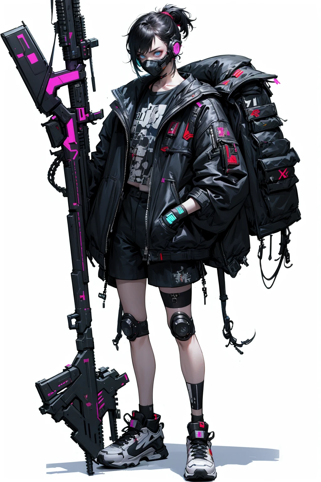 HEZI,(Cyberpunk:1.5),(Character design:1.2),science fiction,game characters,solo, 1boy, male focus, weapon, mask, shorts, white background, polearm, gloves, black hair, japanese clothes, glowing, standing, simple background, fingerless gloves, full body, shoes, kimono, grey shorts, sneakers, black gloves, grey footwear, alternate costume, collarbone, spear, ponytail, short ponytail, blue eyes, grey background, glowing eyes, clenched hands, short hair, glowing eye, multicolored hair, clenched hand, holding weapon,<lora:èµå:0.7>,