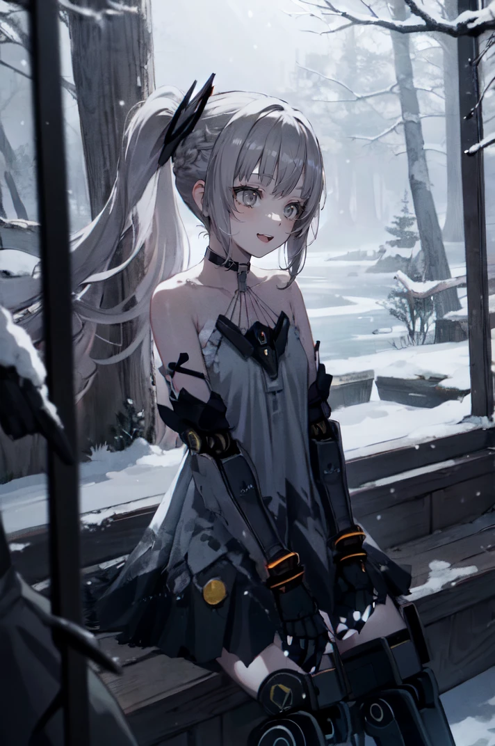 nanamibase, 1girl, french braid, happy, chainsaw, solo focus, cowboy shot,
grey eyes, grey hair, long ponytail, long hair, hair ornament,
black dress, black choker, sleeveless dress, mechanical arms, mechanical legs, glowing, pose, snowing, snow, outdoors, ice, arctic, nature, sitting,
BREAK hands on lap, volumetric lighting, subsurface scattering, light rays
<lora:nanami-15(1):1>