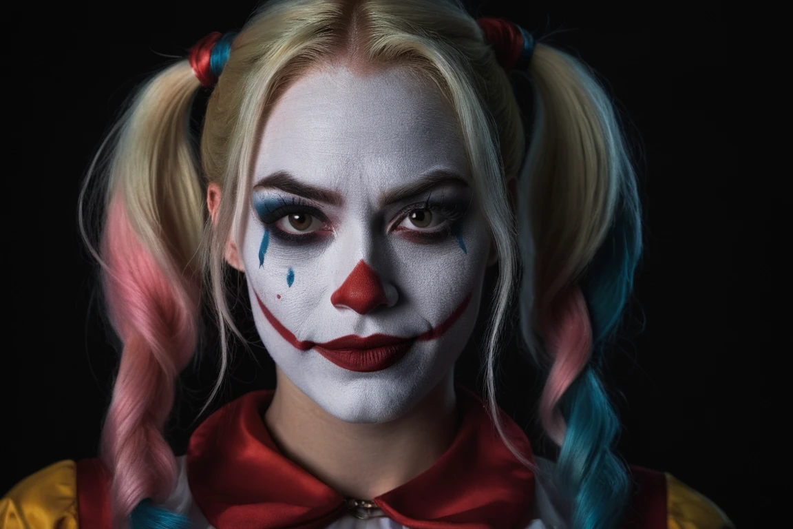 Close-up, (as Harley Quinn, clown makeup), grim smile, relaxed pose, portrait movie shot, serious, menacing, chiaroscuro style photo, dark background, minimalism, dramatic lighting, professional quality, dull highlights and shadows, natural and original
photorealistic, UHD, 32k, photo real, photo realistic, (skin detail), (skin pores),