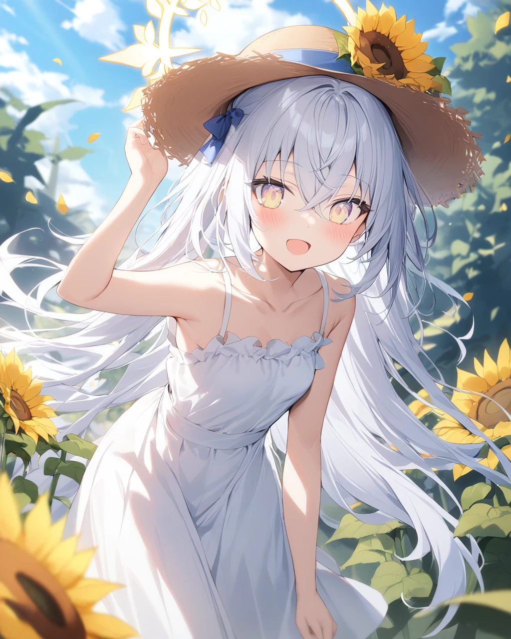 1girl,azusa_\(blue_archive\),looking at viewer,halo,blush,open mouth,bangs,bow,hair between eyes,bare shoulders,very long hair,standing,collarbone,yellow eyes,:d,small breasts,outdoors,day,white dress,arm up,blue sky,bare arms,petals,leaning forward,sleeveless dress,depth of field,leaf,white skirt,hat ribbon,cloudy sky,sun hat,blurry foreground,yellow flower,brown headwear,straw hat,sunflower,hand on headwear,sundress,
masterpiece, best quality