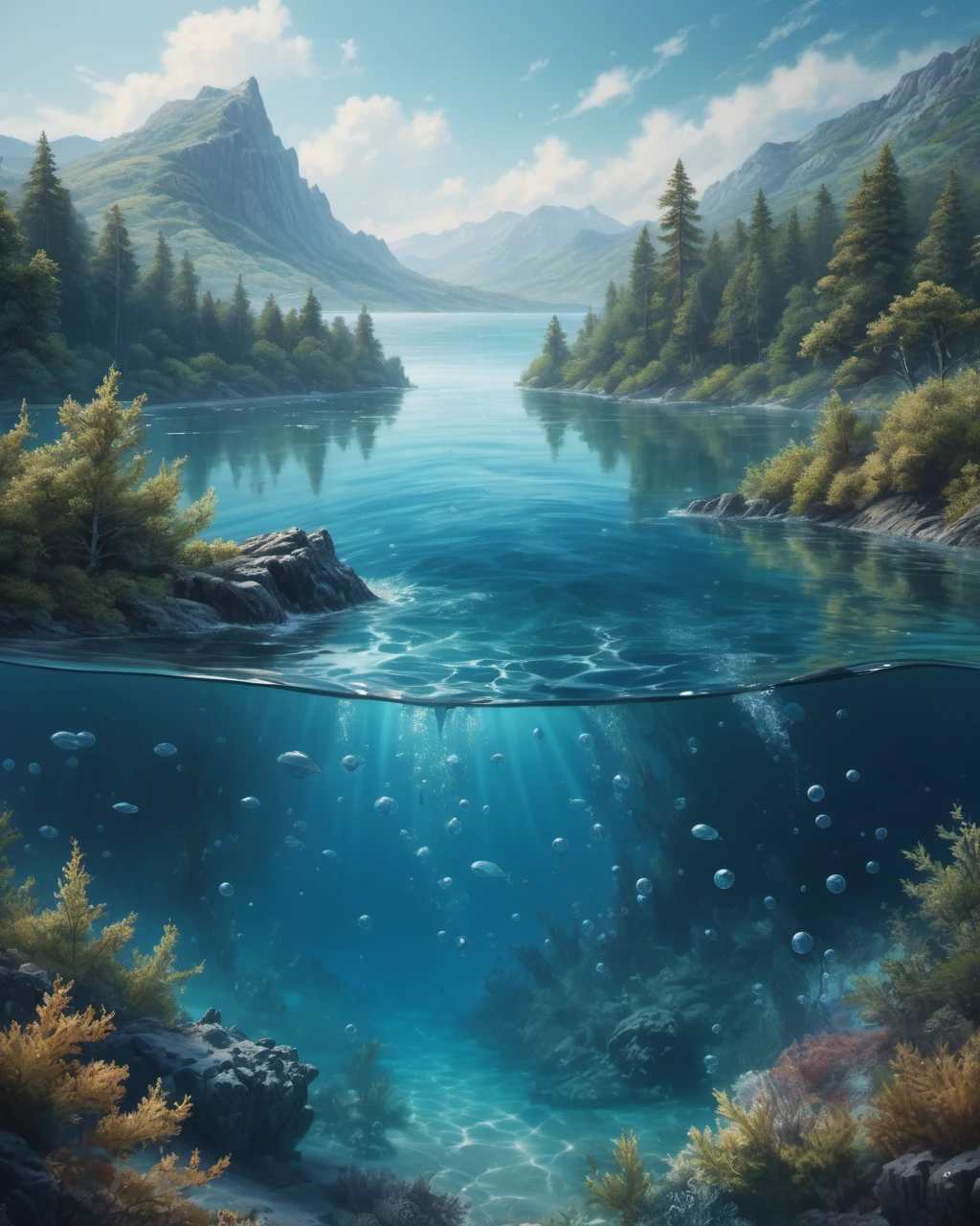 a painting of a body of water surrounded by trees, a matte painting, bubbly underwater scenery, seas of mountain, beautiful realistic photo, 4 k highly detailed art