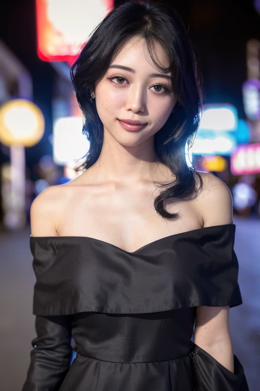1girl, (wearing a black off-shoulder dress:1.6),(RAW photo, best quality), (realistic, photo-realistic:1.4), masterpiece, an extremely delicate and beautiful, extremely detailed, 2k wallpaper, Amazing, finely detail, extremely detailed CG unity 8k wallpaper, ultra-detailed, highres, soft light, beautiful detailed girl, extremely detailed eyes and face, beautiful detailed nose, beautiful detailed eyes,(cinematic lighting:1.4),(in the city at night:2.0),perfect anatomy,(slender body:1.2),(close up face:1.8),(gentle smile,Friendly, warm:2.0),(looking at viewer:1.8),(japanese idol:1.8),(wavy long hair:1.6), (brown eyes:1.8), <lora:yonezawaakane_lora-10:0.8>