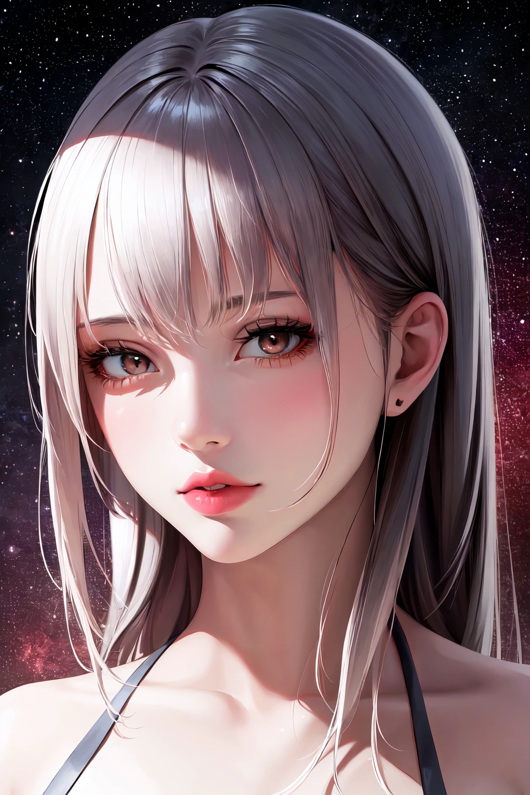 1girl, beautiful face, ((white eyes)), sexy pose, Red moon in the background, stars, space, (lightroom:1.13), soft light, (natural skin texture:1.2), (hyperrealism:1.2), sharp focus, focused,[[realistic]]