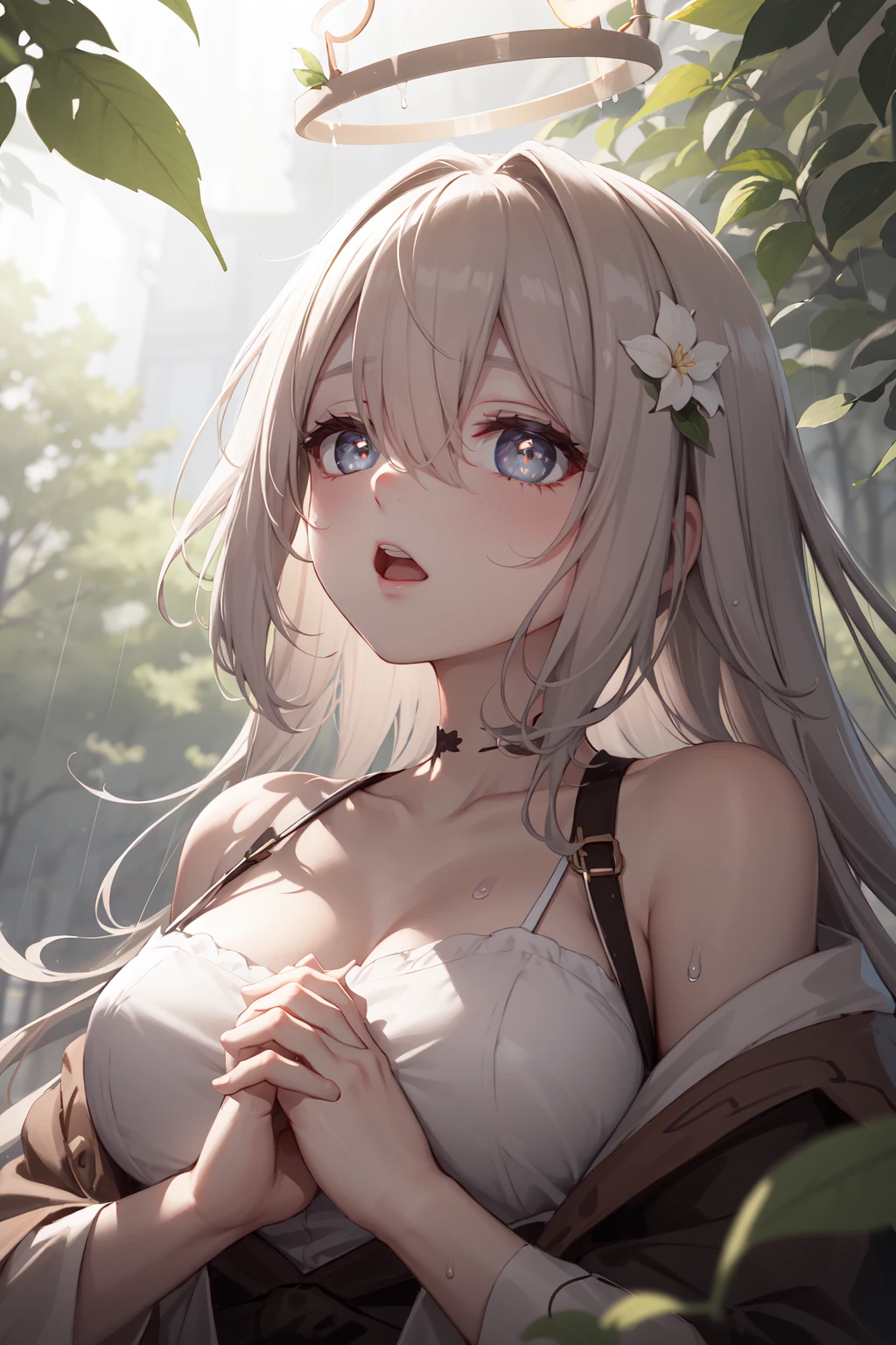 (masterpiece,best quality:1.4),(ultra-detailed,highres:1.2),wallpaper,perfect anatomy,pixiv id,colorful,
outdoor,nature,sunshine,forest,plant,leaf,tree,flower,(rain,overcast,water drop),
1girl,solo,collarbone,from side,parted lips,singing,open mouth,(looking up,looking at sky,rolling eyes),(from below),
praying,own hands together,hands on own chest,own hands clasped,medium breasts,
(beautiful hair,bangs,hair between eyes),(looking at viewer),(bright pupils,detailed pupils,beautiful pupils,glint:1.2),(closed eyes:0),
<lora:cecilia_laporta_arknights_2:1>,cecilia laporta,halo,