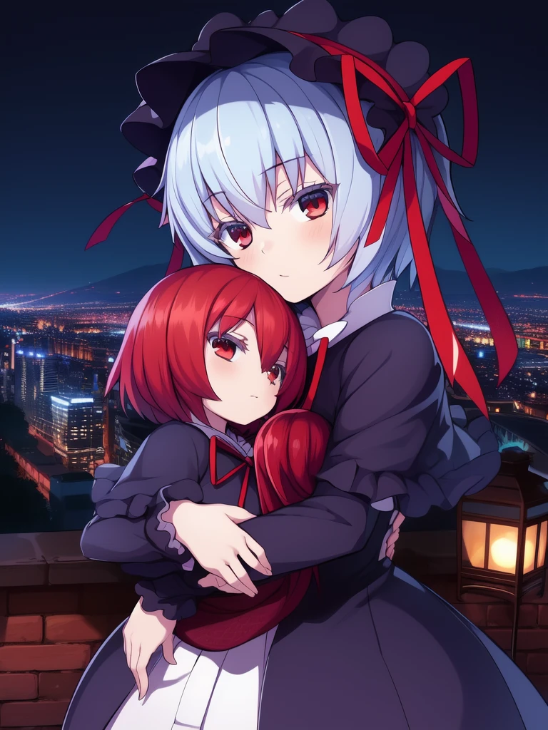 <lora:Lieselotte_Achenbach:0.8>, Lieselotte, 1girl, soro, blue_hair, red_eyes, short_hair, bow, ribbon, child,
gothic costume, city, night, and, doll, red hair, Hug,
masterpiece, high quality, very_high_resolution, large_filesize, full color,