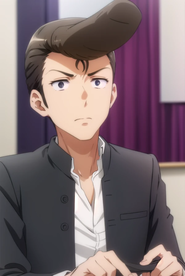 agnospassion, <lora:agnos passion s2-lora-nochekaiser:1>,
agnos passion, brown hair, male focus, pompadour, (black eyes:1.5),
BREAK school uniform, jacket, gakuran,
BREAK indoors, classroom,
BREAK looking at viewer, ()
BREAK <lyco:GoodHands-beta2:1>, (masterpiece:1.2), best quality, high resolution, unity 8k wallpaper, (illustration:0.8), (beautiful detailed eyes:1.6), extremely detailed face, perfect lighting, extremely detailed CG, (perfect hands, perfect anatomy),