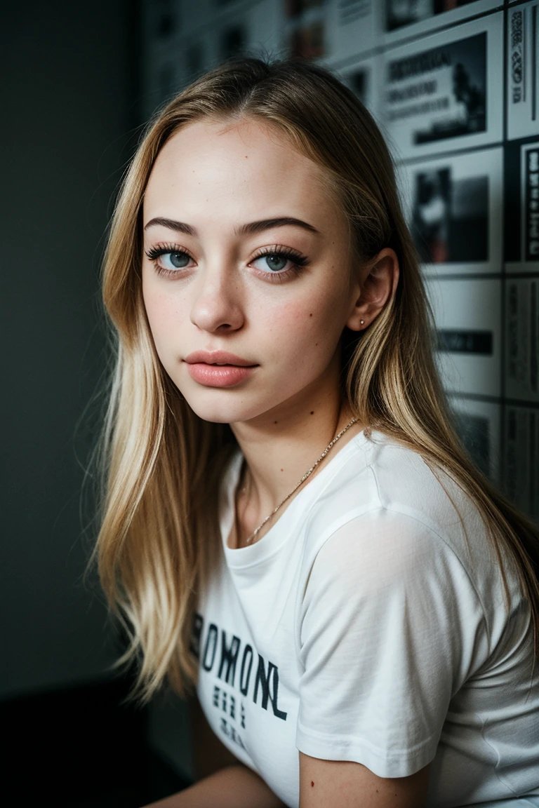 photo of seductive (sophd1am0nd-135:0.99), a beautiful woman as a sexy student, perfect blonde hair, (tight Cement Gray graphic tee), (newspaper background wallpaper:1.2), cool feelingadvanced photos, 24mm, (analog, cinematic, film grain:1.3), detailed eyes, (seductive pose), (epicPhoto), (looking at viewer), (cinematic shot:1.3), PA7_Portrait-MCU