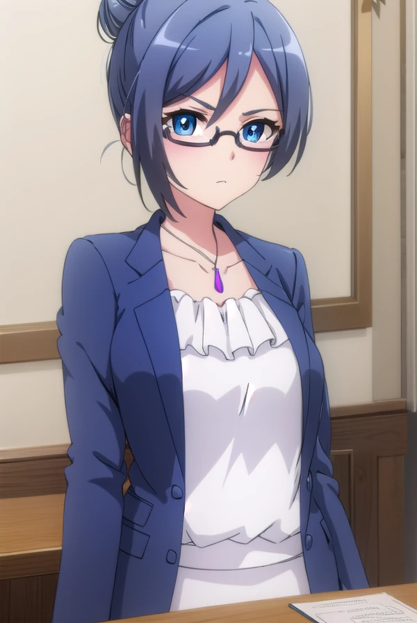 beatriceroegner, <lora:beatrice roegner s2-lora-nochekaiser:1>,
beatrice roegner, short hair, blue eyes, blue hair, glasses, hair bun, single hair bun, semi-rimless eyewear,
BREAK skirt, shirt, jewelry, collarbone, jacket, white shirt, pantyhose, necklace, blue skirt, black pantyhose, formal, single hair bun, suit, blue jacket, pencil skirt, teacher, skirt suit,
BREAK indoors, classroom,
BREAK looking at viewer,
BREAK <lyco:GoodHands-beta2:1>, (masterpiece:1.2), best quality, high resolution, unity 8k wallpaper, (illustration:0.8), (beautiful detailed eyes:1.6), extremely detailed face, perfect lighting, extremely detailed CG, (perfect hands, perfect anatomy),