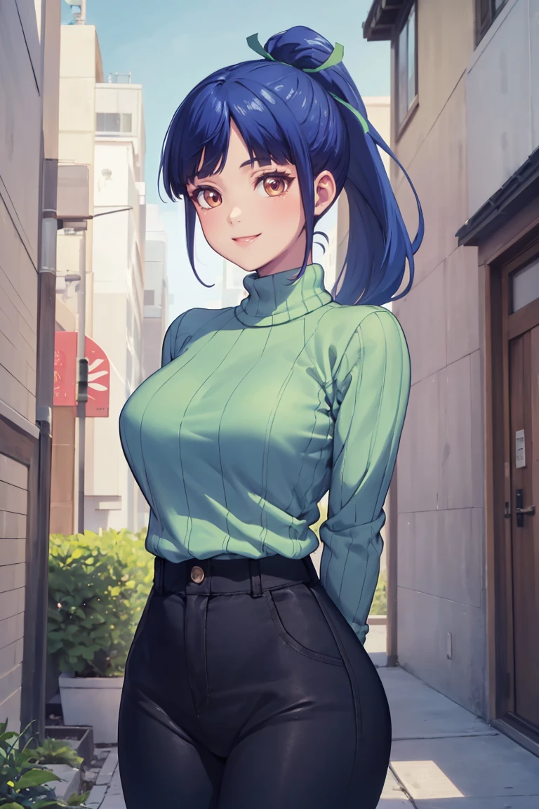 masterpiece, best quality, absurdres, TsurugaAmi, ponytail, green hair ribbon, sweater, ribbed sweater, long sleeves, high-waist pants, outdoors, city, arms behind back, smile, <lora:TsurugaAmi:1>