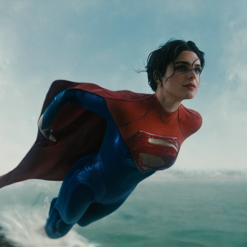 50mm lense 8k portrait shot of solo DCEU Sashe Calle Supergirl, <lora:Supergirl:1>, with a cape she is flying outdoor over Ocean Water. Sunny day, natural light over her body, hard shadows over her face, Day Time, Afternoon Time, 8k texture suit, 8k quality shot