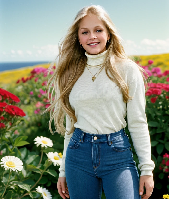 <c3r3t17> smile, upper body, nature, Flowers, warm light, jeans, Turtleneck, Spring