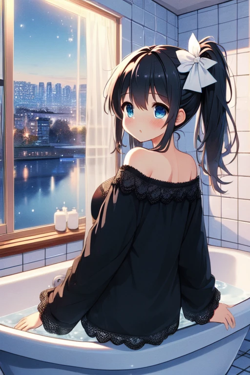 (((masterpiece))),  (((best quality))),  ((bathroom window)),  (((from side))),  ((looking outside)),  sitting on bathtub filled with water,  black lace pajamas,  curtain,  white tile wall,  black side ponytail,  off shoulder,  big tits,  happy,  open mouth,  shy,  blush,  bare thighs,  city night view,<lora:EMS-263612-EMS:1.000000>