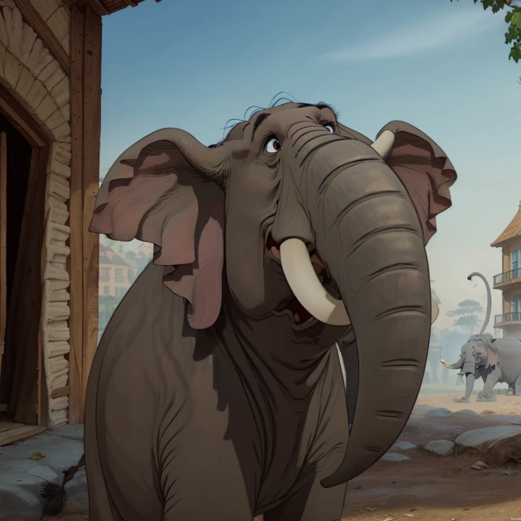 (ElephantStyle:1.2),(elephant:1.1),city, cars, buildings, cartoon, (animal:1.4), flat colors, disney style,  tusk, solo, portrait, 
 <lora:ElephantsDisney_Style-15v3:0.8>