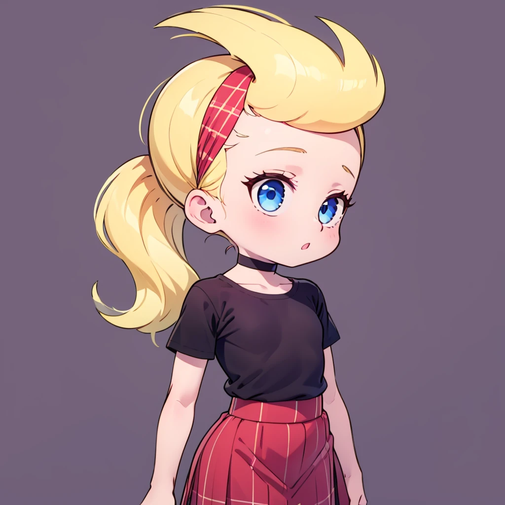 1girl, solo, child, blue eyes, blonde hair, black choker, (low ponytail:1.2), hairband, black shirt, sissy Blakely, short sleeves, plaid skirt,   <lora:Sissy_Blakely_Leaf3:0.6>, simple background, forest,