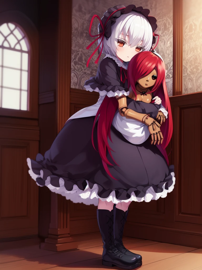 <lora:Lieselotte_Achenbach:0.8>Lieselotte, 1girl, boots, doll, dress, hug, solo, joints, gothic fashion, doll joints, white hair, frills, red hair, hairband, child, gothic room, under body,
masterpiece, high quality, very_high_resolution, large_filesize, full color,