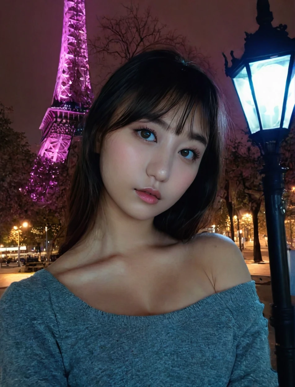 a beautiful picture of 1girl, masterpiece, photorealistic, woman, detailed, 4k, HDR, night, neon lamppost, RAW color photo,(fully in frame:1.1), detailed skin texture, (blush:0.5), (goosebumps:0.5),buildings around,<lora:pypappl4:0.95>, paris