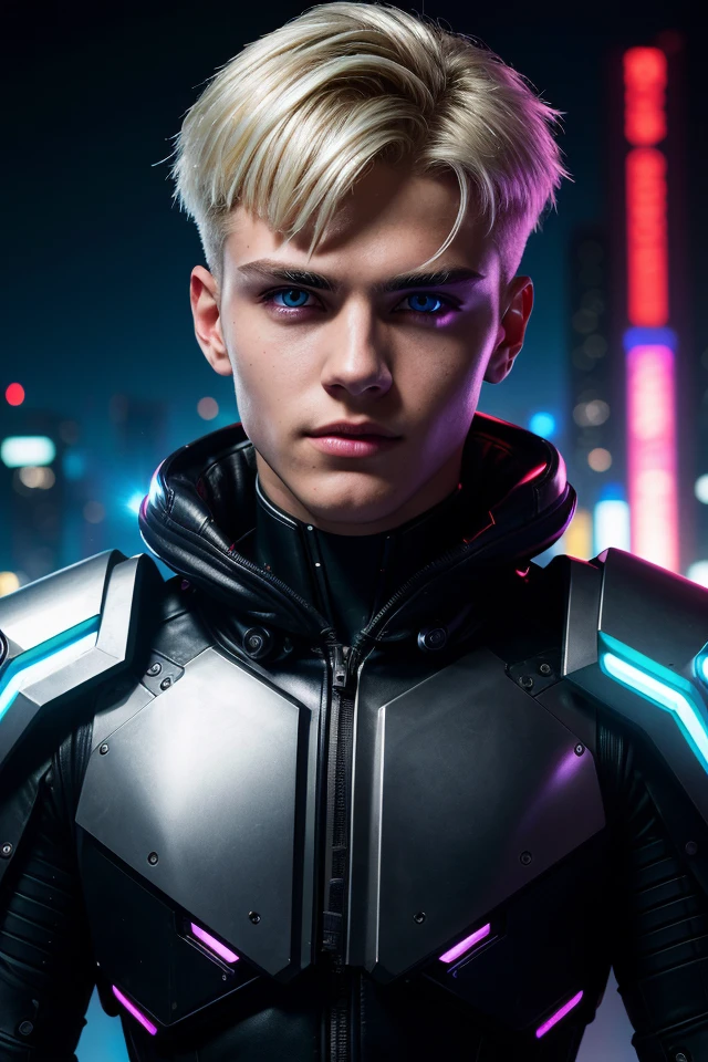 epic professional upper body headshot photo cyberpunk android young 19yo male model robot, detailed face, smooth features, blonde hair, silver PVC panels, neon-lit night city, (perfectly-lit, crisp focus, absurdres, 8k UHD, HDR, vivid color, depth of field, contrast, clarity, balance)