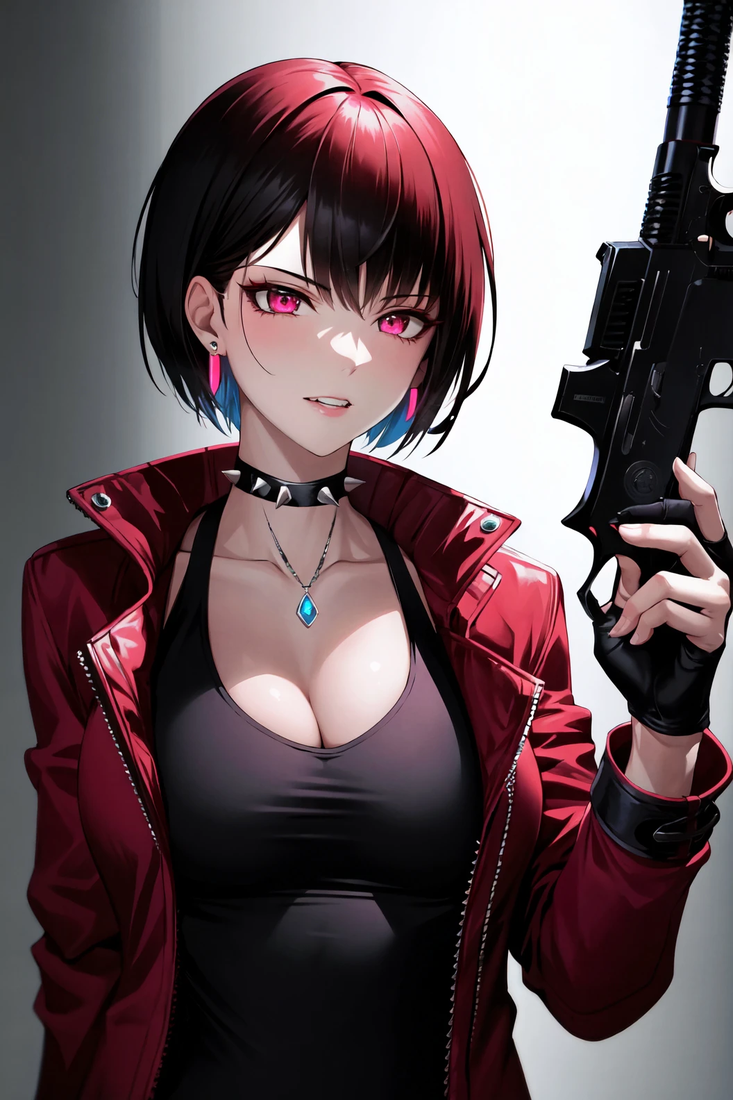1girl, solo, short hair, gloves, holding, cleavage, jewelry, medium breasts, jacket, upper body, earrings, teeth, fingerless gloves, holding weapon, gun, holding gun, red background, spikes, handgun, cyberpunk, cyberpunk,large breasts,shiny skin