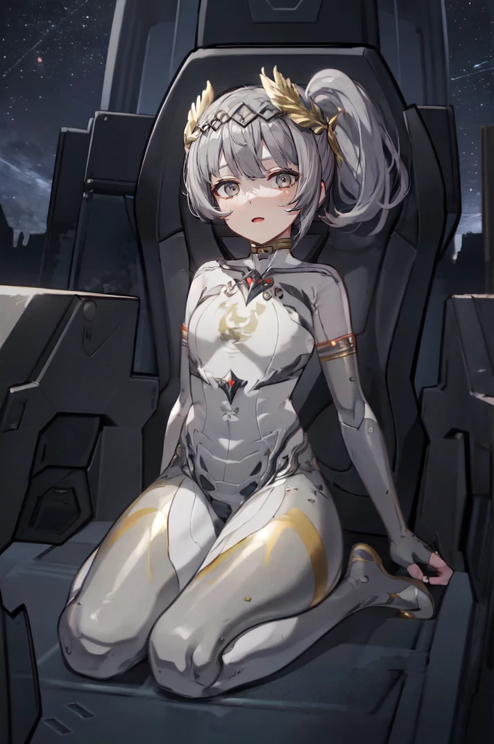 nanamistarfarer, curvy, fingerless gloves, robot joints,
side ponytail, short ponytail, laurel crown, white bodysuit, grey eyes, grey hair, wariza, cockpit, space station, night, dark, arms behind back
<lora:nanami-15(1):1>