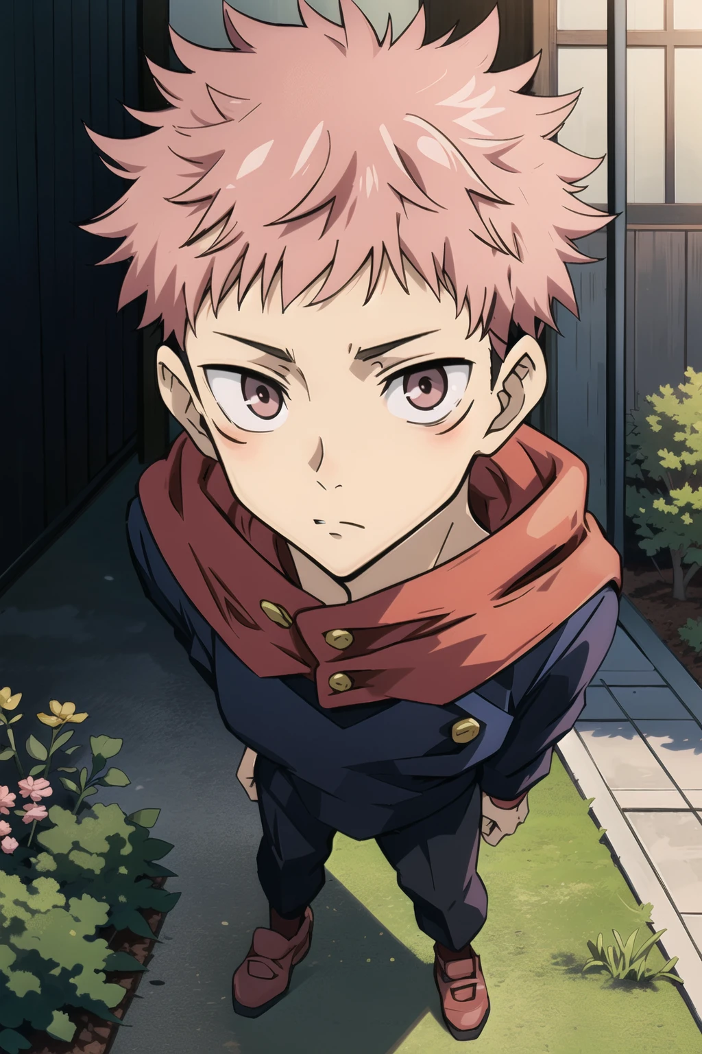 itadori, itadori_yuuji, itadori yuuji, solo, short hair, itadori yuuji, pink hair, undercut, facial mark, full body, school uniform, gakuran, in front of a school, school, building