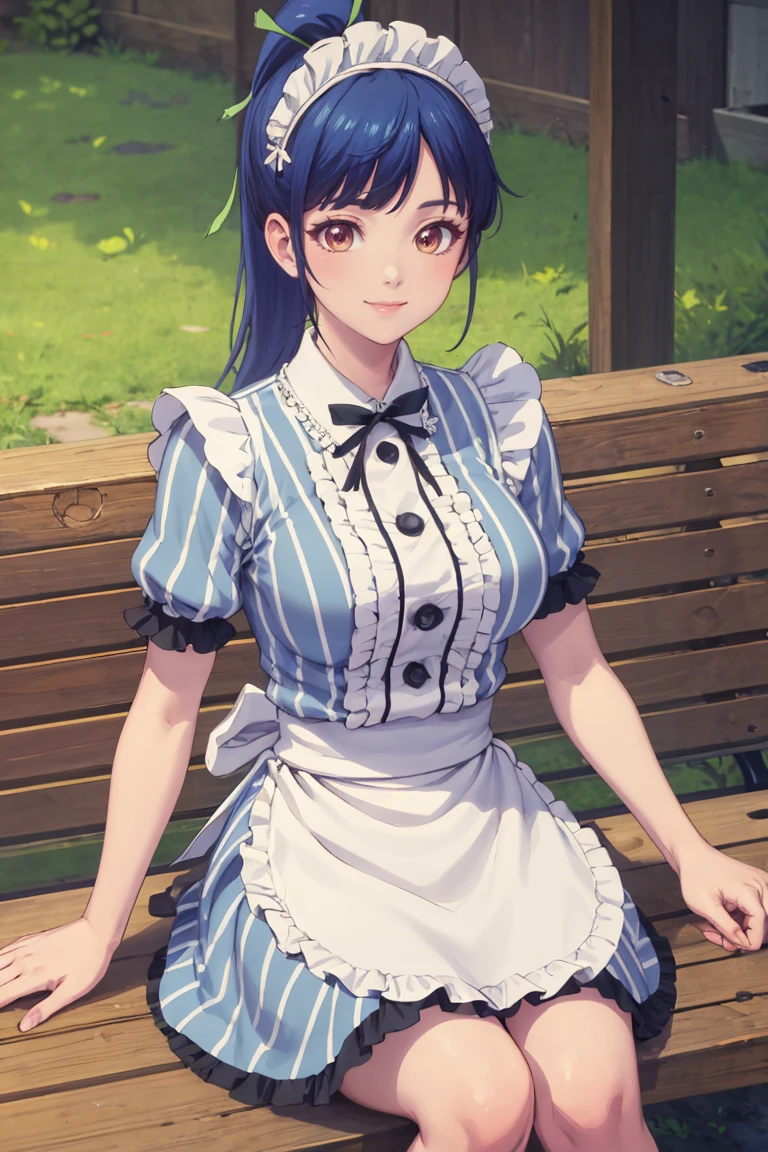 masterpiece, best quality, absurdres, TsurugaAmi, ponytail, green hair ribbon, maid, maid headdress, striped dress, short sleeves, white apron, black ribbon, sitting, bench, outdoors, smile, <lora:TsurugaAmi:1>
