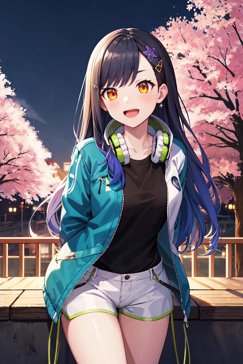 masterpiece, best quality, highres, aaan, long hair, multicolored hair, gradient hair, hair ornament, orange eyes, headphones around neck, black shirt, jacket, open jacket, long sleeves, short shorts, white shorts, <lora:shiraishi_an_v1:0.7>, standing, arms behind back, smile, open mouth, cowboy shot, leaning forward, cherry blossoms, night, outdoors