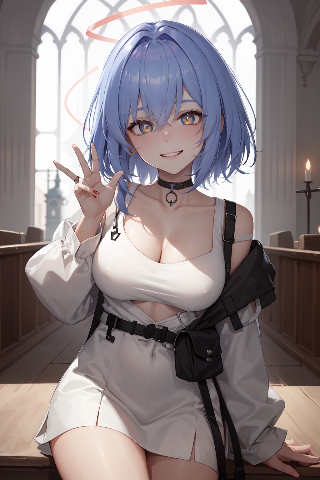(masterpiece,best quality:1.4),(ultra-detailed,highres:1.2),wallpaper,perfect anatomy,pixiv id,colorful,
outdoor,sunlight,church,cathedral,
1girl,solo,collarbone,naughty face,seductive smile,grin,evil grin,
(beautiful hair,bangs,hair between eyes),(looking at viewer),(bright pupils,detailed pupils,beautiful pupils,glint:1.2),
<lora:spuria_arknights_2:1>,spuria,spuria arknights,halo,