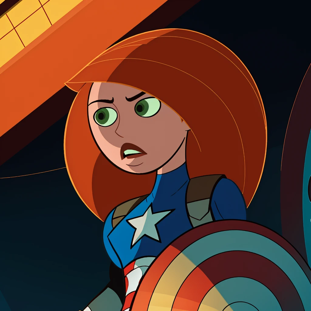 Best_QualityPos, RAW photo, intricate details, best quality, 8k uhd, soft lighting, 1girl, solo, green eyes, orange hair, long hair, (female captain america:1.2) <lora:Kimberly_Ann_Possible_V2:0.6> <lora:kim_possible_offset:1>