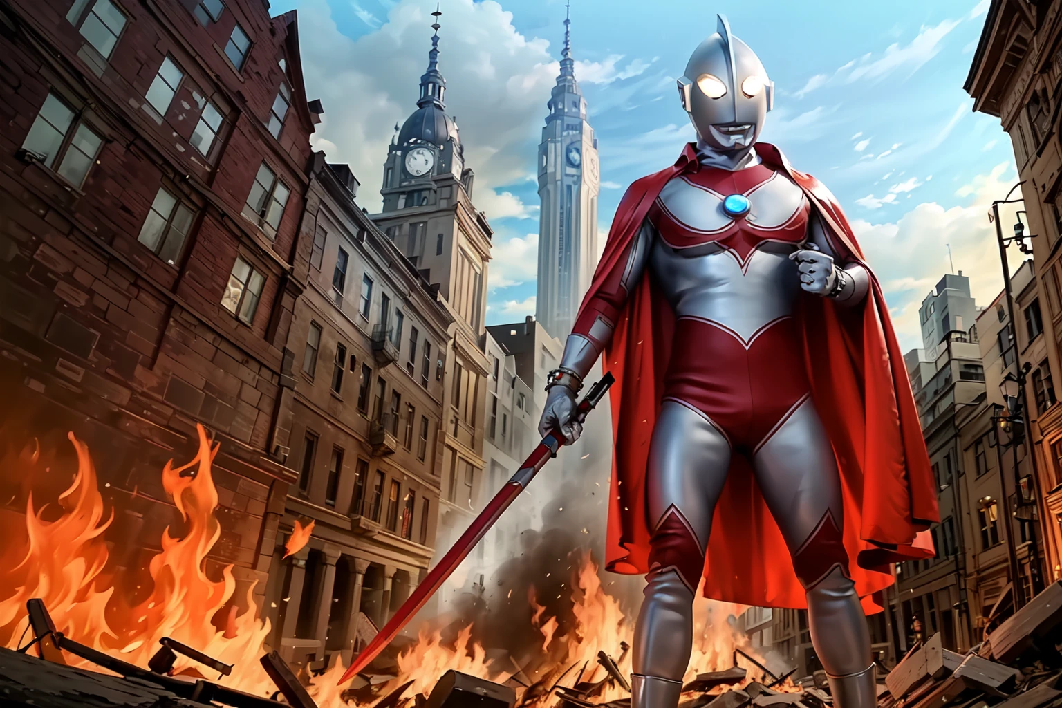 (masterpiece, best quality:1.3),extremely high detailed,intricate,8k,HDR,wallpaper,cowboy shot, (city),fire,ruins,solo,ultraman,no humans,giant,bodysuit,bracelet,standing,holding weapon,((shield)),(red cape),<lora:add_detail:0.2>, <lora:jack72:0.8>