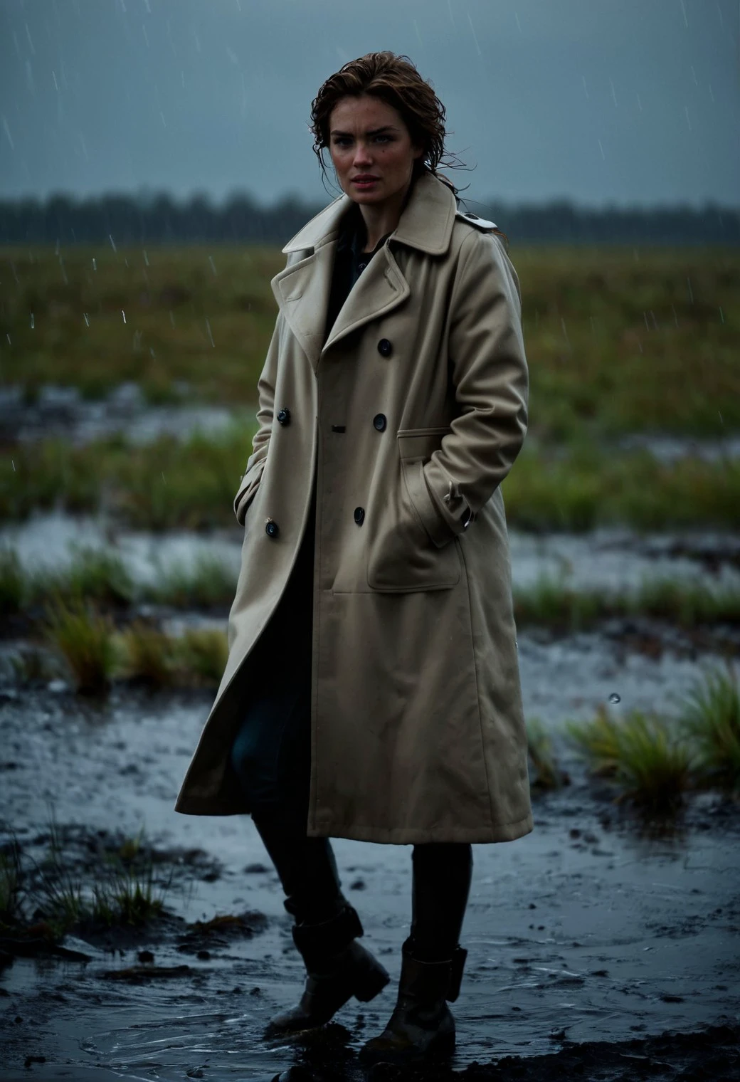 cinematic film still <lora:KateUpton_SDXL_v1.0:1>
full body cinematography, rain-drenched moor lighting, chiaroscuro, ohwx woman amid flooding landscape, vulnerable yet steadfast amid downpour, clouded light and shadow, 5 sec, f/2.4, ISO 2500, wool coat, by Craig McDean . shallow depth of field, vignette, highly detailed, high budget, bokeh, cinemascope, moody, epic, gorgeous, film grain, grainy